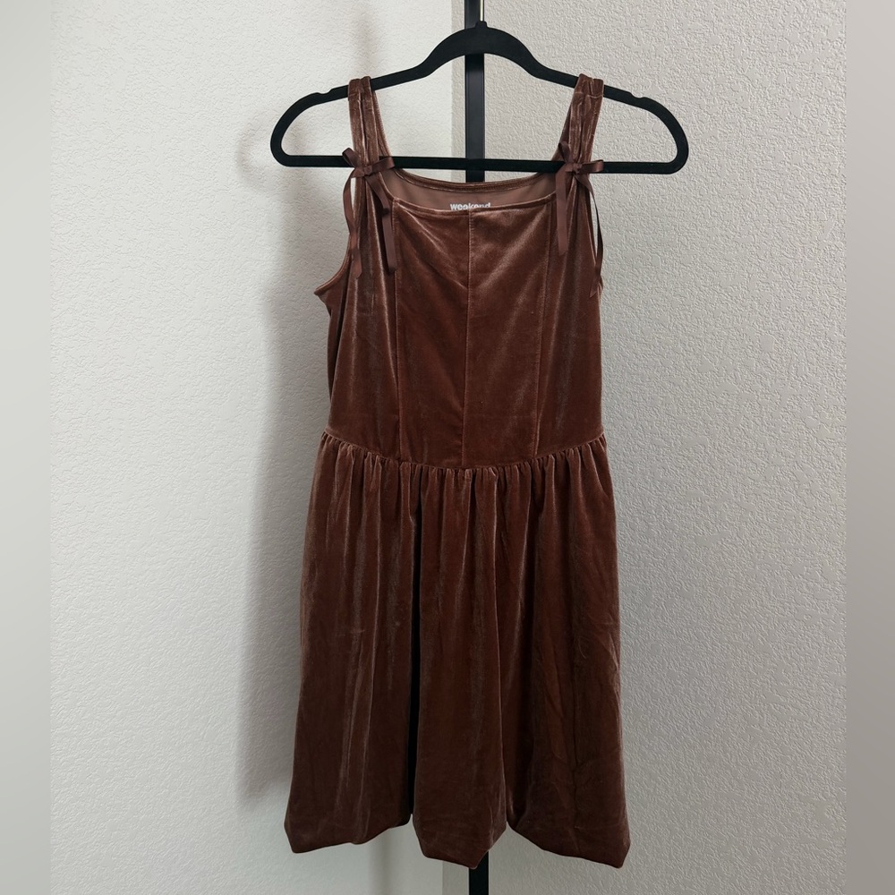 Weekend Academy Girls Brown Velour Bow Straps Mini Dress - Picture 3 of 6